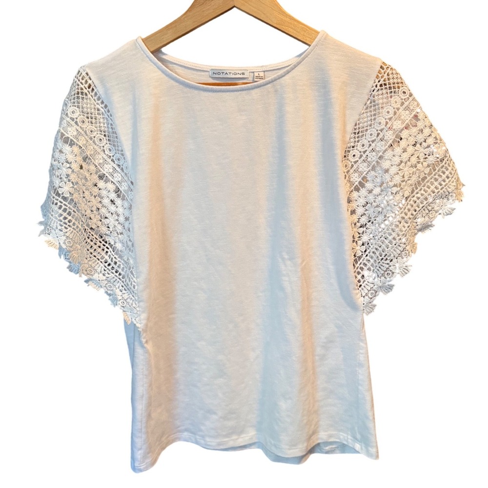 Notations Womens White Crochet Lace Flutter Sleeve Slub Knit Top Large